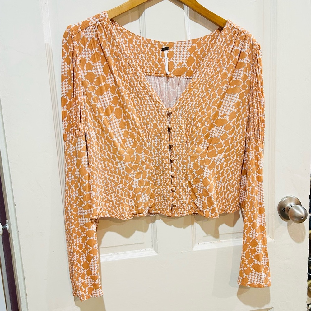 Free People Orange Houndstooth Crop Top Boho Preppy Festival Y2K Size M
